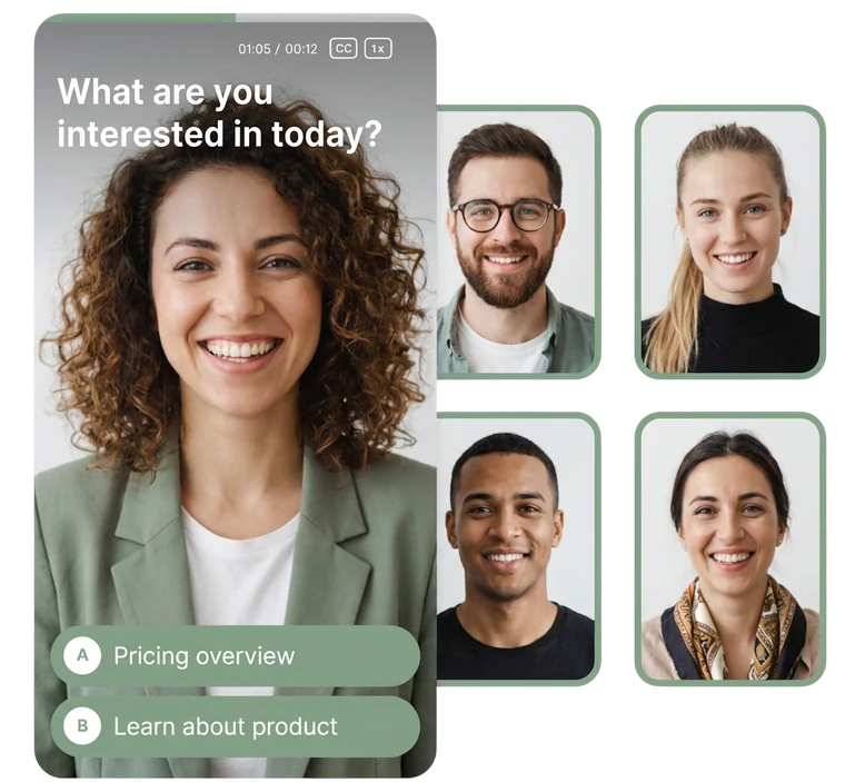Nurtured's interactive video concierge — a personal video greeting alongside real presenter portraits